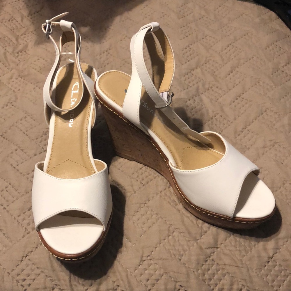 CL by Laundry white ankle strap wedge sandals.